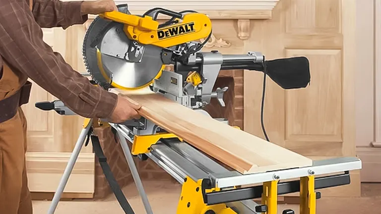 Person using DeWalt miter saw to cut wooden board in a workshop