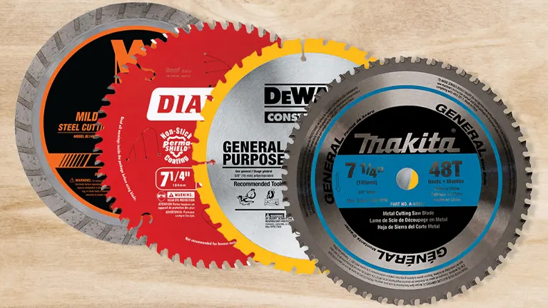 Assortment of circular saw blades on wooden surface