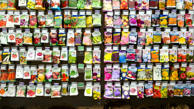 Assortment of seed packets for various plants displayed on a store rack
