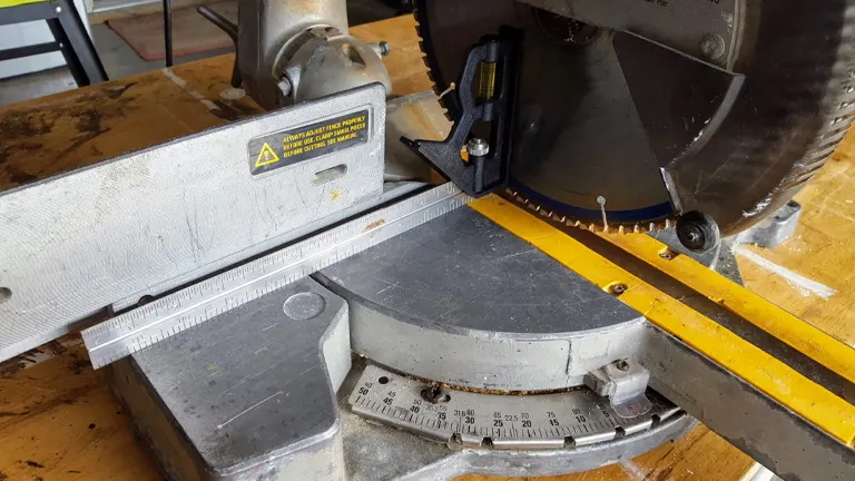Close-up of miter saw with yellow guide and silver blade on workbench, with warning label for safe operation