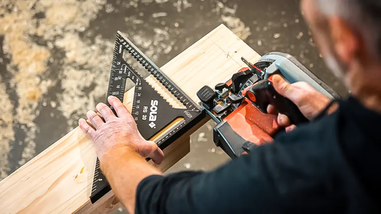 Person using a black and red circular saw to make a clean cut on a wooden plank