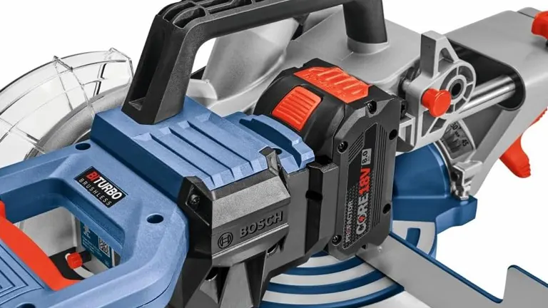Close-up view of a BOSCH GCM18V-07SN PROFACTOR 7-1/4” Single-Bevel Slide Miter Saw featuring a blue and black design with red accents