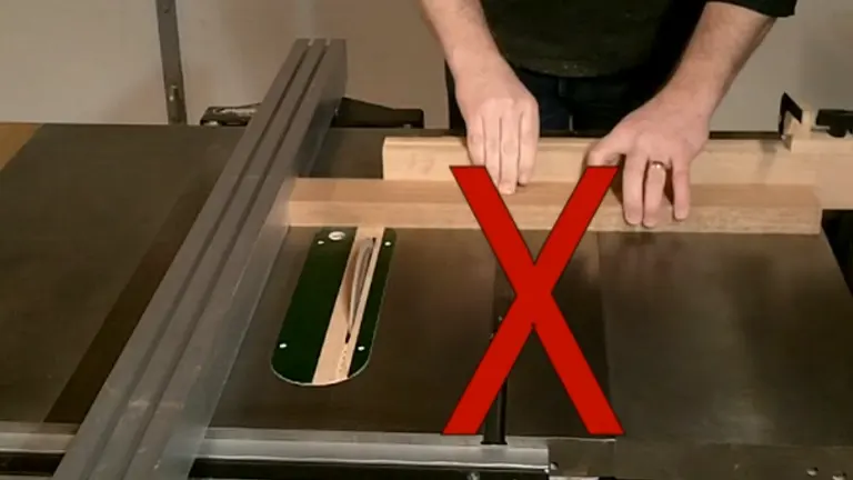 Incorrect way to use a table saw, marked with a red ‘X'