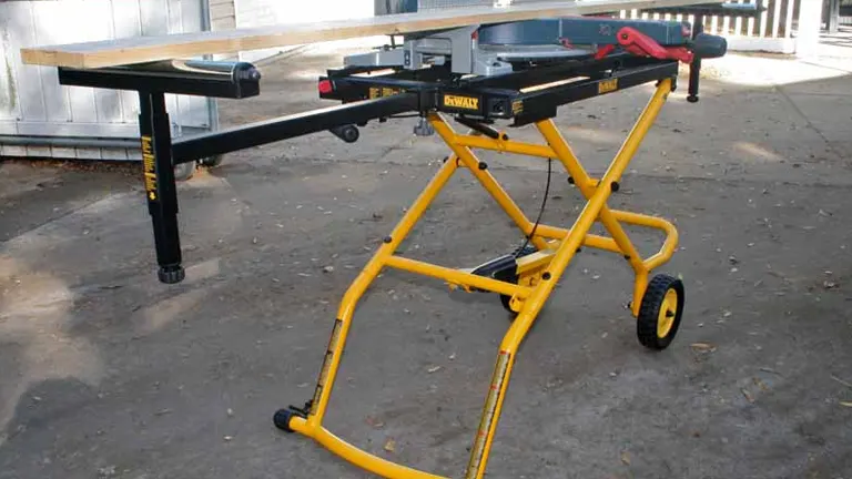 Yellow and black DEWALT Miter Saw Stand with Wheels on a wooden deck