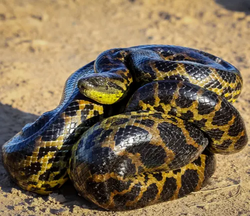 Coiled Yellow Anaconda on sand