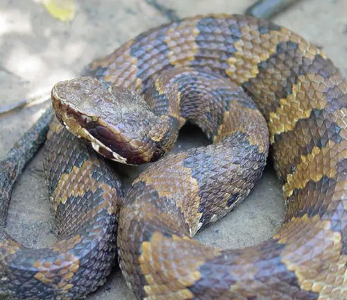 Close up of coiled Western Cottonmouth snake on ground