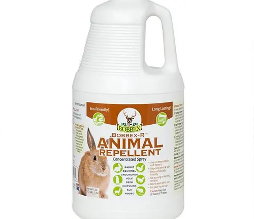 Bottle of Bobbex-R Animal Repellent spray with a Scrub Hare image on the label