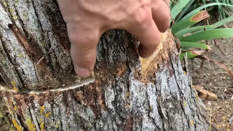 Hand pointing to a cut in a tree trunk, indicating the process of tree felling