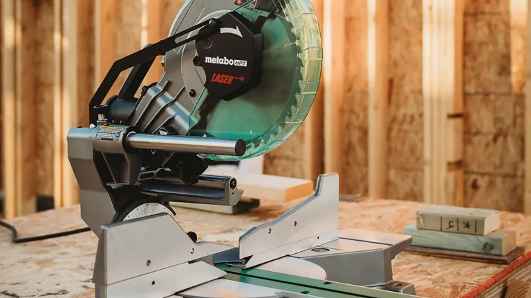 Metabo HPT C10FSHCT 10" Dual-Bevel Sliding Compound Miter Saw with Laser on a construction site