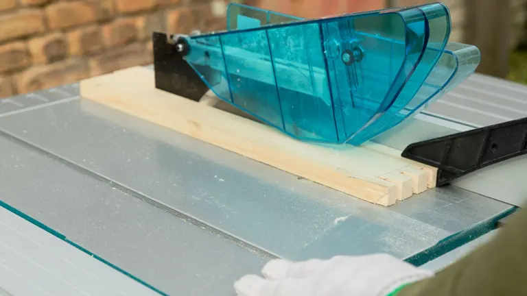 Table saw with blue safety guard cutting through a piece of wood