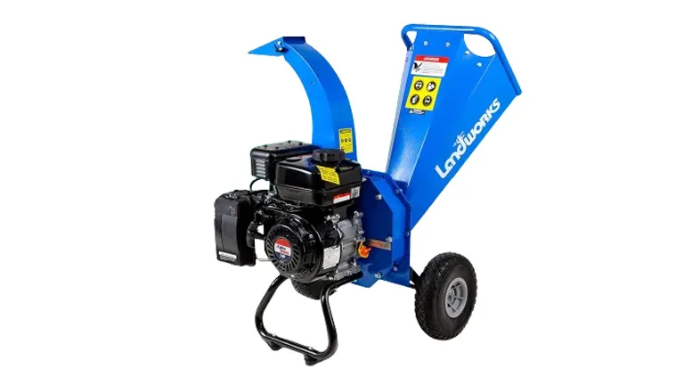 Landworks Mini Wood Chipper and Mulcher in blue with a black engine