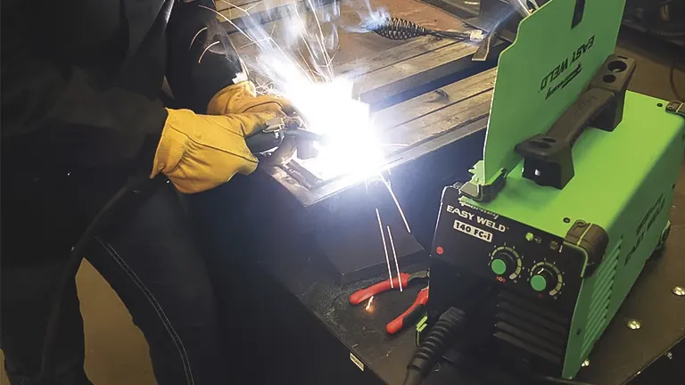Person welding with a green Forney Easy Weld 140 FC-I Welder