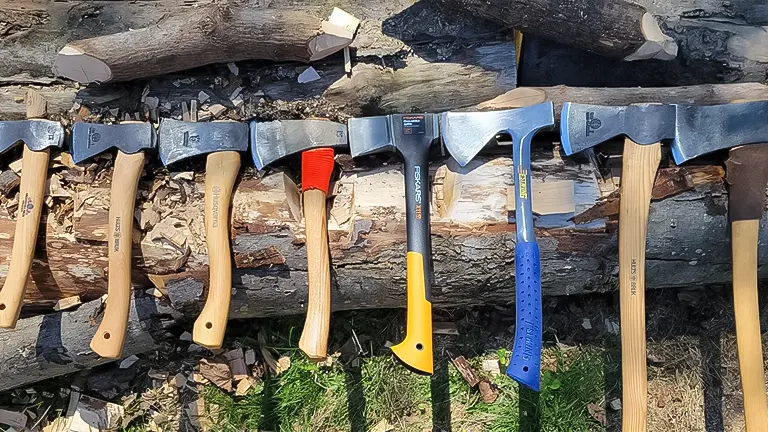 Collection of seven distinct camping hatchets displayed on wooden logs