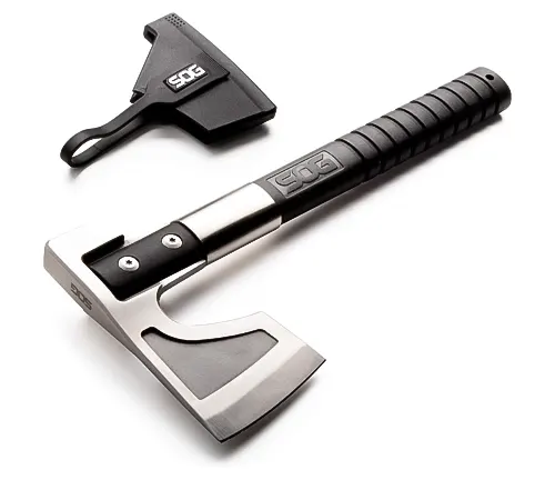SOG Camp Axe Hatchet with black handle and protective sheath on a white background