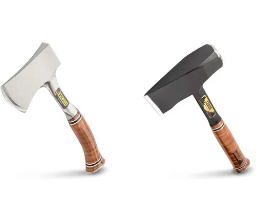 Two SOG Camp Axe Hatchets with wooden handles, one with a silver blade and the other with a black blade