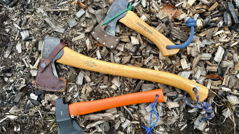 Three camping hatchets with wooden handles and protective covers on a ground covered with wood chips