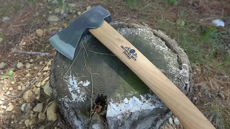 Camping hatchet with a wooden handle and a sharp blade, resting on an old tree stump