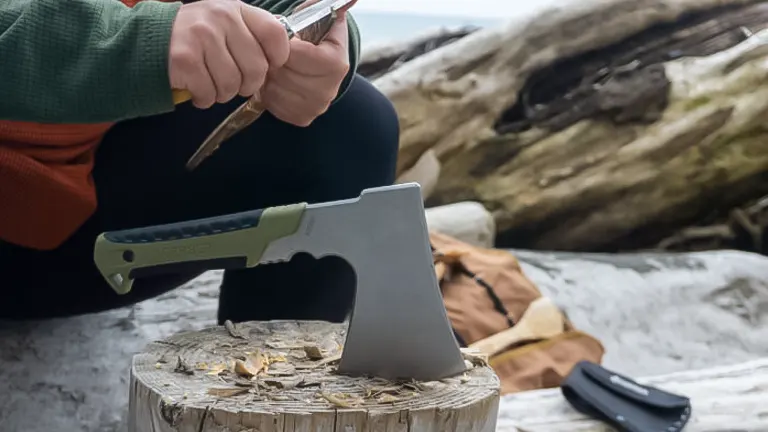 Person sharpening a camping hatchet on a wooden stump outdoors