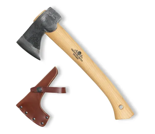 Gransfors Bruks Wildlife Hatchet with a light wooden handle and a dark metal head, alongside its brown leather sheath
