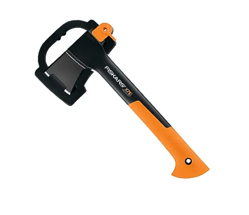 Fiskars X7 Hatchet with orange handle and black blade cove