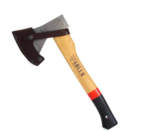 Adler Rheinland Hatchet with wooden handle and leather sheath on a white background