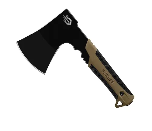 Gerber Gear Pack Hatchet with black blade and tan handle on a white background
