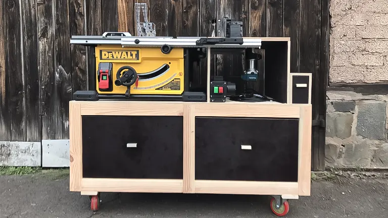 Dewalt table saw, prominently displayed and mounted on a custom-built wooden workbench with storage drawers