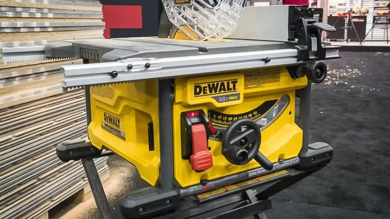 DEWALT DWE7491X Table Saw with a yellow body and black accents, positioned in a workshop
