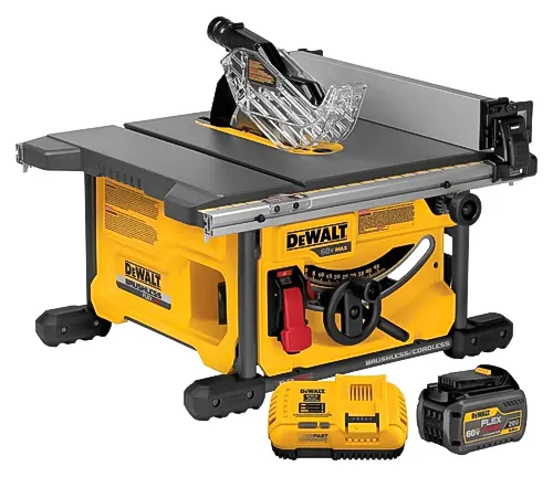 DEWALT DCS7485T1 Table Saw, a portable cutting tool with a large flat grey surface for cutting and a clear plastic guard for safety. The saw has a prominent yellow body with black accents and is equipped with adjustment knobs and levers