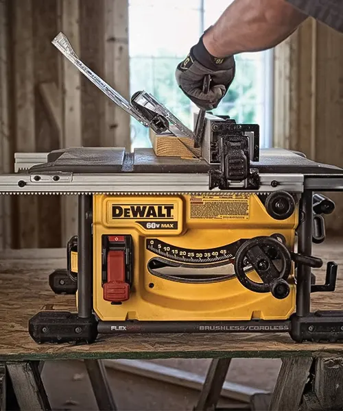 DEWALT DCS7485T1 Table Saw to cut wood. The saw, with its distinctive yellow and black design, is placed on an old wooden table in a workshop