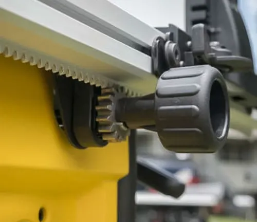 The body of the table saw is yellow, characteristic of Dewalt tools