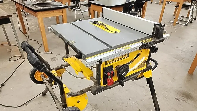 DEWALT DWE7491RS table saw with a bright yellow and black color scheme, positioned in a workshop