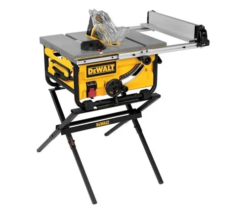DEWALT DWE7480XA Table Saw, prominently featuring its bright yellow color. The table saw is mounted on a sturdy, X-shaped stand and has an extended grey table surface for larger cutting projects