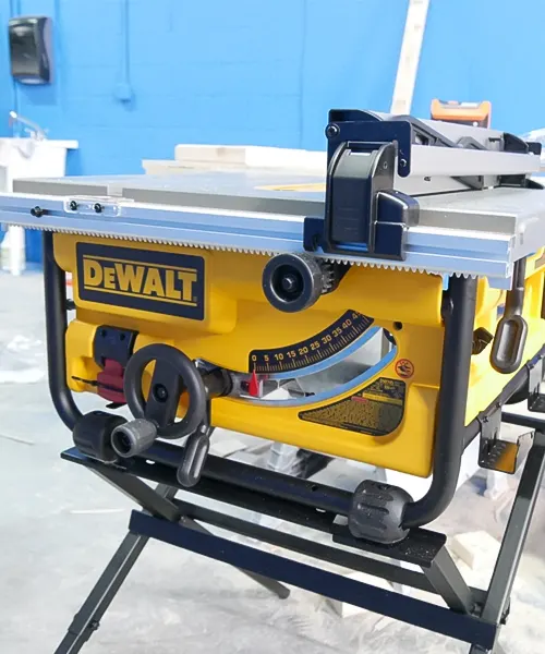 DEWALT DWE7480XA table saw, prominently featuring its bright yellow body