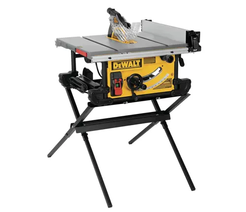 DEWALT DWE7491X Table Saw, a professional-grade tool, mounted on a sturdy black stand with X-shaped legs
