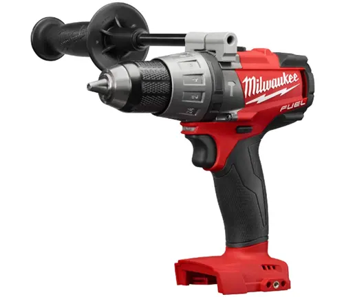 Milwaukee 2804-20 M18 Hammer Drill Gen 4, red and black in color with a handle and drill bit attached