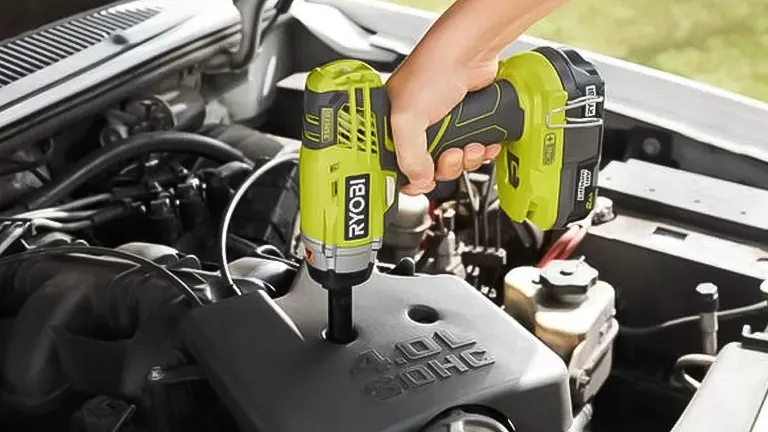 A Ryobi 18V One+ 3/8-Inch Drill Driver being used on a car engine