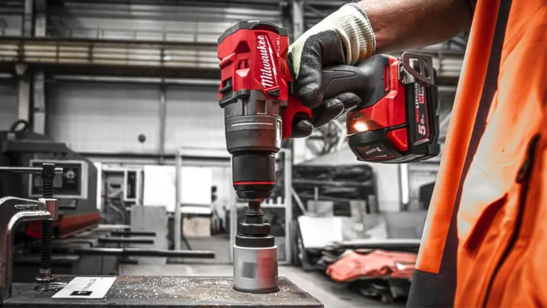A person holding a red Milwaukee 2804-20 M18 Hammer Drill Gen 4 in a workshop
