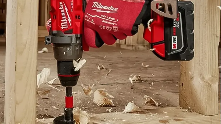 A Milwaukee 2804-20 M18 Hammer Drill Gen 4 being used on a wooden surface