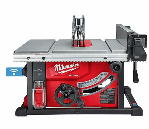 Milwaukee Cordless M18 Fuel One-Key Table Saw Kit with red and black body and silver table top