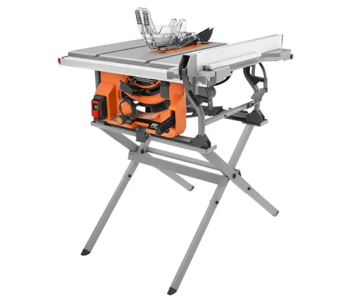 RIDGID R4518 10-Inch Portable Table Saw with Stand, orange and silver in color