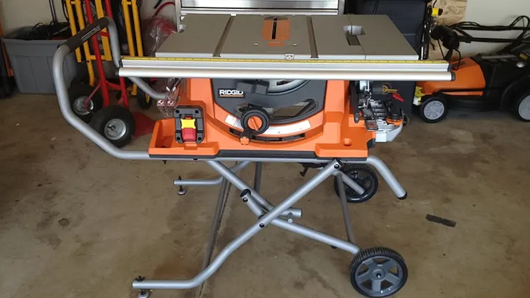 RIDGID R4518 10-Inch Portable Table Saw with Stand in a garage setting
