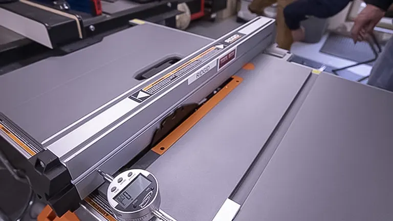 Close-up of RIDGID R4518 10-Inch Portable Table Saw with Stand in a workshop