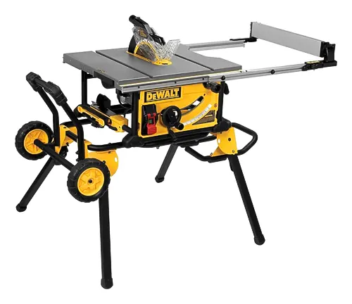 DEWALT DWE7491RS Jobsite Table Saw with black and yellow design and wheels for portability