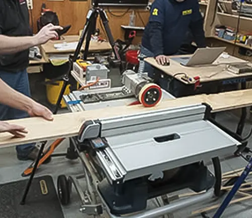 Portable jobsite table saw with red wheel in a workshop for 2023