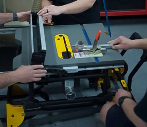 Two people using a portable jobsite table saw with yellow accents