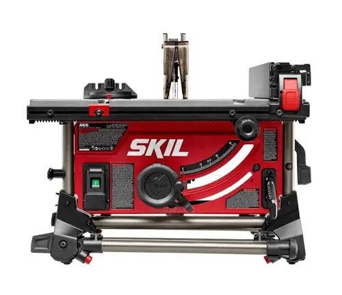Red and black SKIL TS6307-00 table saw with various features