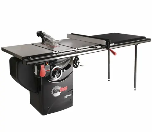 SawStop PCS31230-TGP252 table saw with a black base, extended table top, and a silver blade guard, on a white background