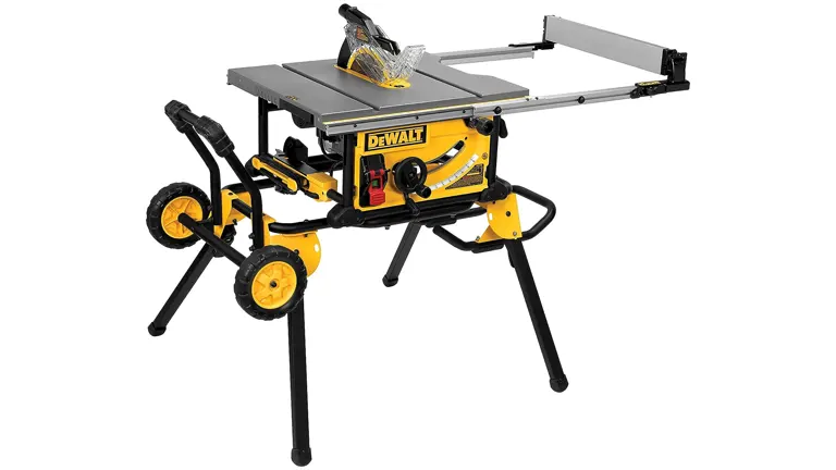 DEWALT DWE7491RS Job Site Table Saw with a yellow and black design, large blade, handle, fence, extension table, and wheels, on a white background
