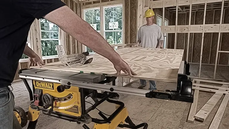 DEWALT DWE7491RS 10-Inch Table Saw in use at a construction site